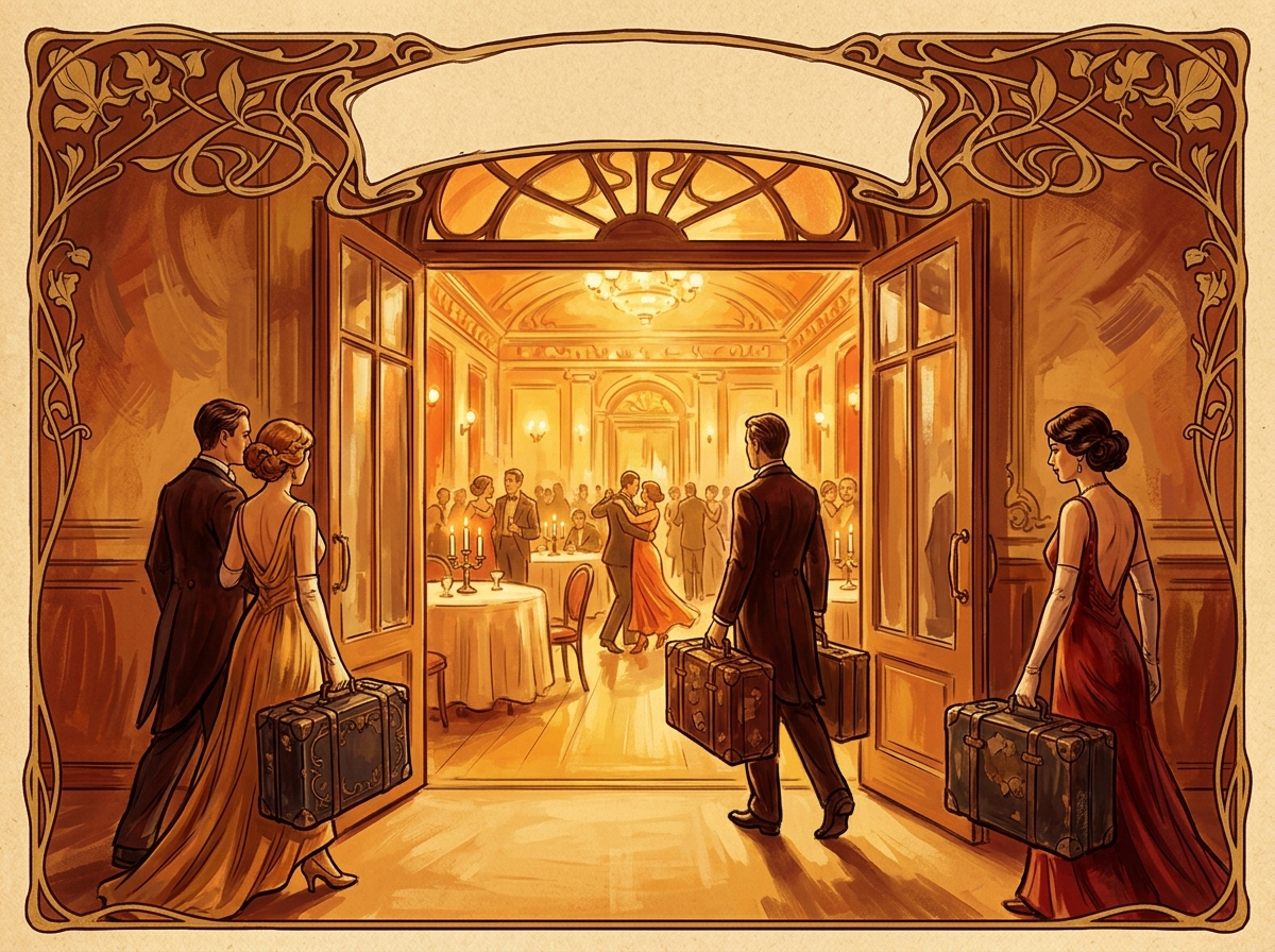 Arrival at the marathon: guests in evening wear carry heavy, worn suitcases into a bright, warmly lit hall — bringing their old burdens into a place built for lightness.