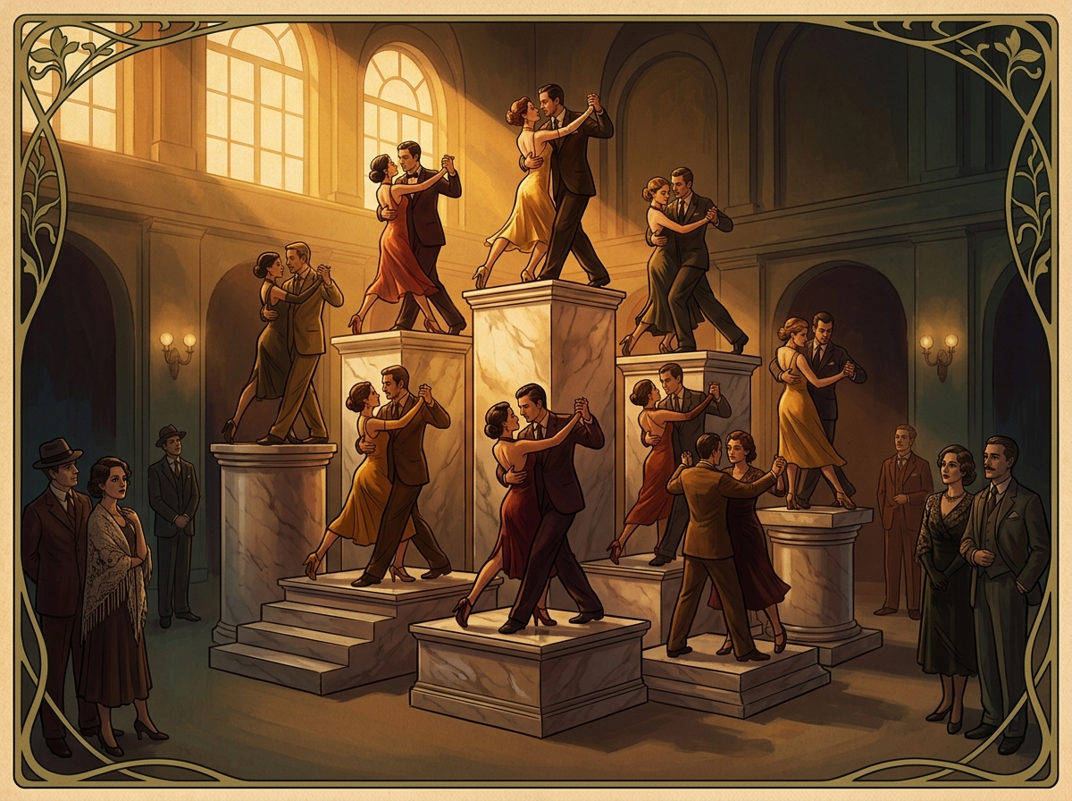 The same room with the hierarchy made visible: couples dancing on marble plinths of different heights, golden light falling only on the tallest — while those who don't dance stand in shadow at the edge.