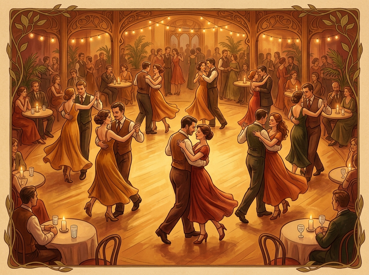The room as it looks from outside: warm light, a full ronda, everyone dancing.