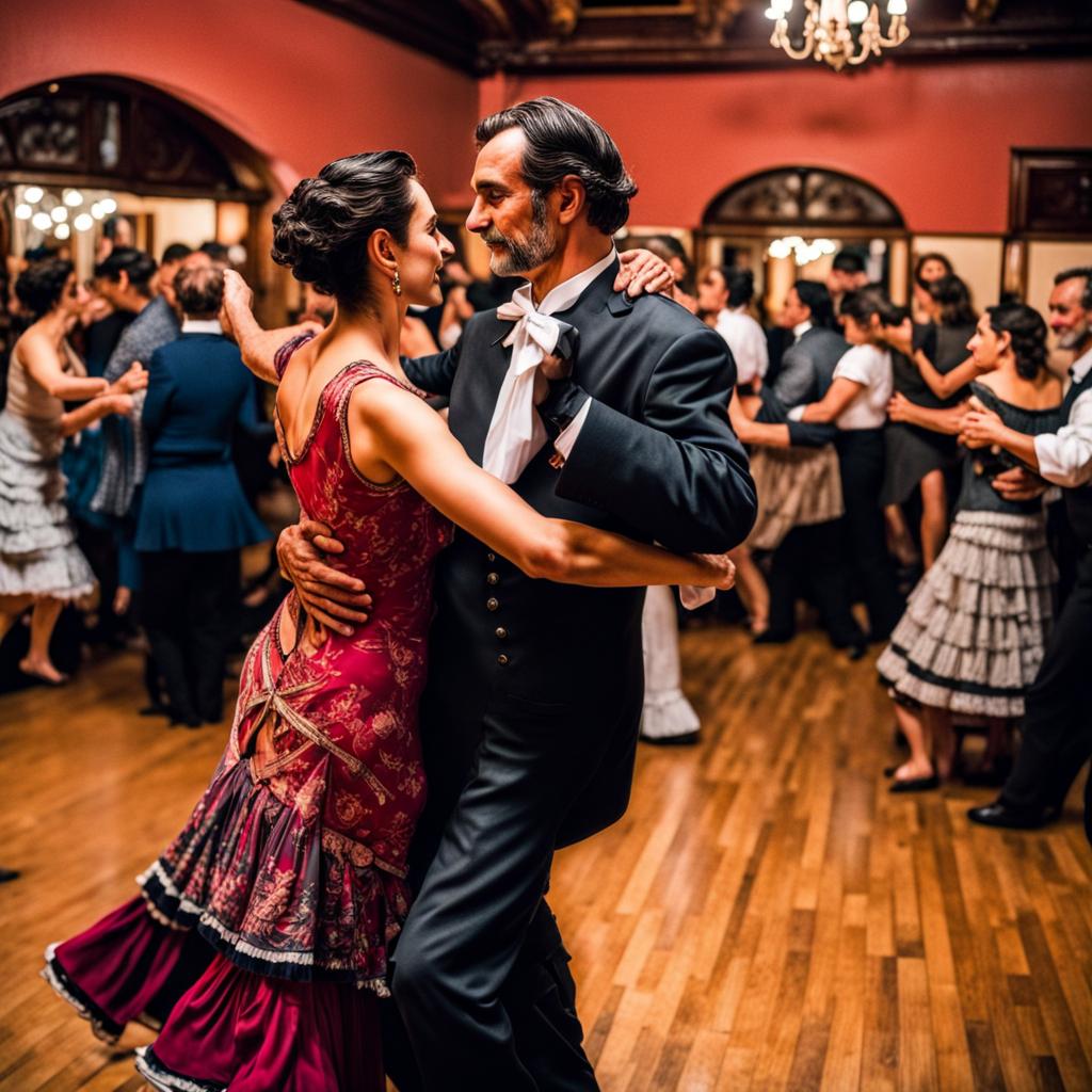 A milonguero dance couple in the midst of a social dance at a milonga in Buenos Aires. The setting is vibrant and authentic, filled with dancers. The couple is in close embrace, capturing the connected and intricate style of milonguero dancing. The man is dressed in traditional attire, and the woman is in a stylish dress, both moving gracefully on the dance floor. The background shows other dancers and the lively atmosphere of the milonga, with vintage decorations and warm lighting.