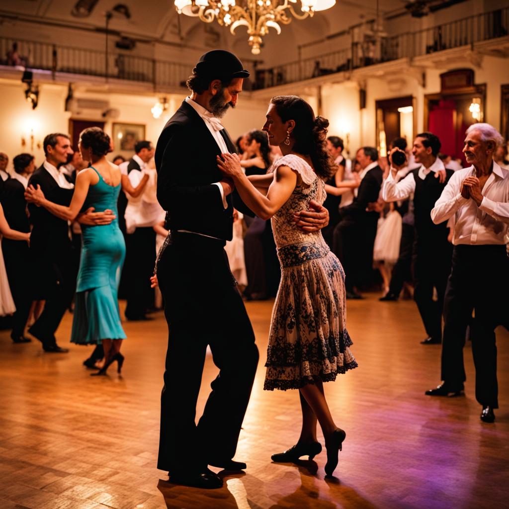 A milonguero dance couple in the midst of a social dance at a milonga in Buenos Aires. The setting is vibrant and authentic, filled with dancers. The couple is in close embrace, capturing the connected and intricate style of milonguero dancing. The man is dressed in traditional attire, and the woman is in a stylish dress, both moving gracefully on the dance floor. The background shows other dancers and the lively atmosphere of the milonga, with vintage decorations and warm lighting.