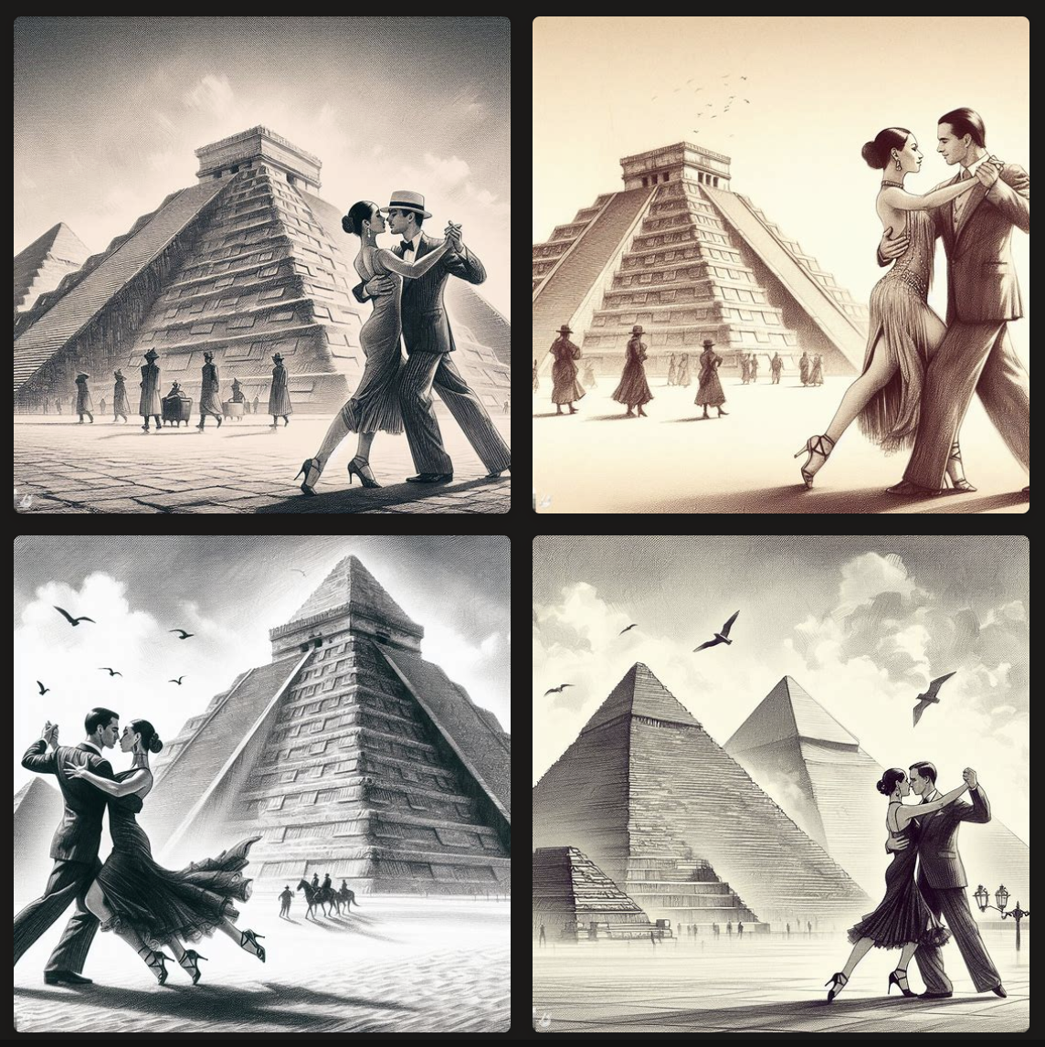 a tango couple in front of the pyramids as a pencil sketch