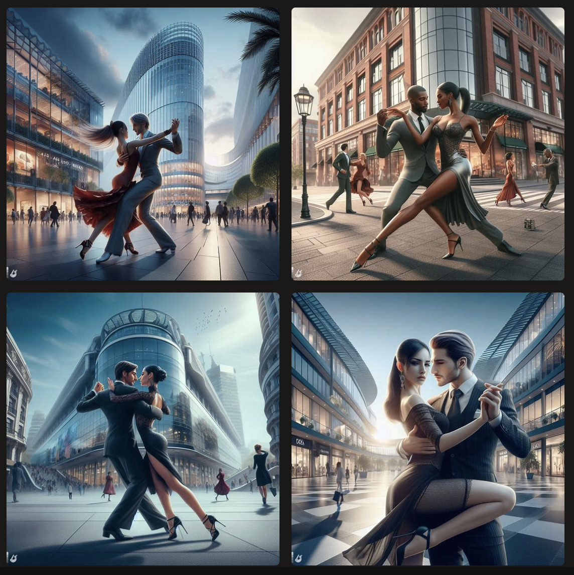 a tango couple in front of a shopping mall as a photorealistic rendering