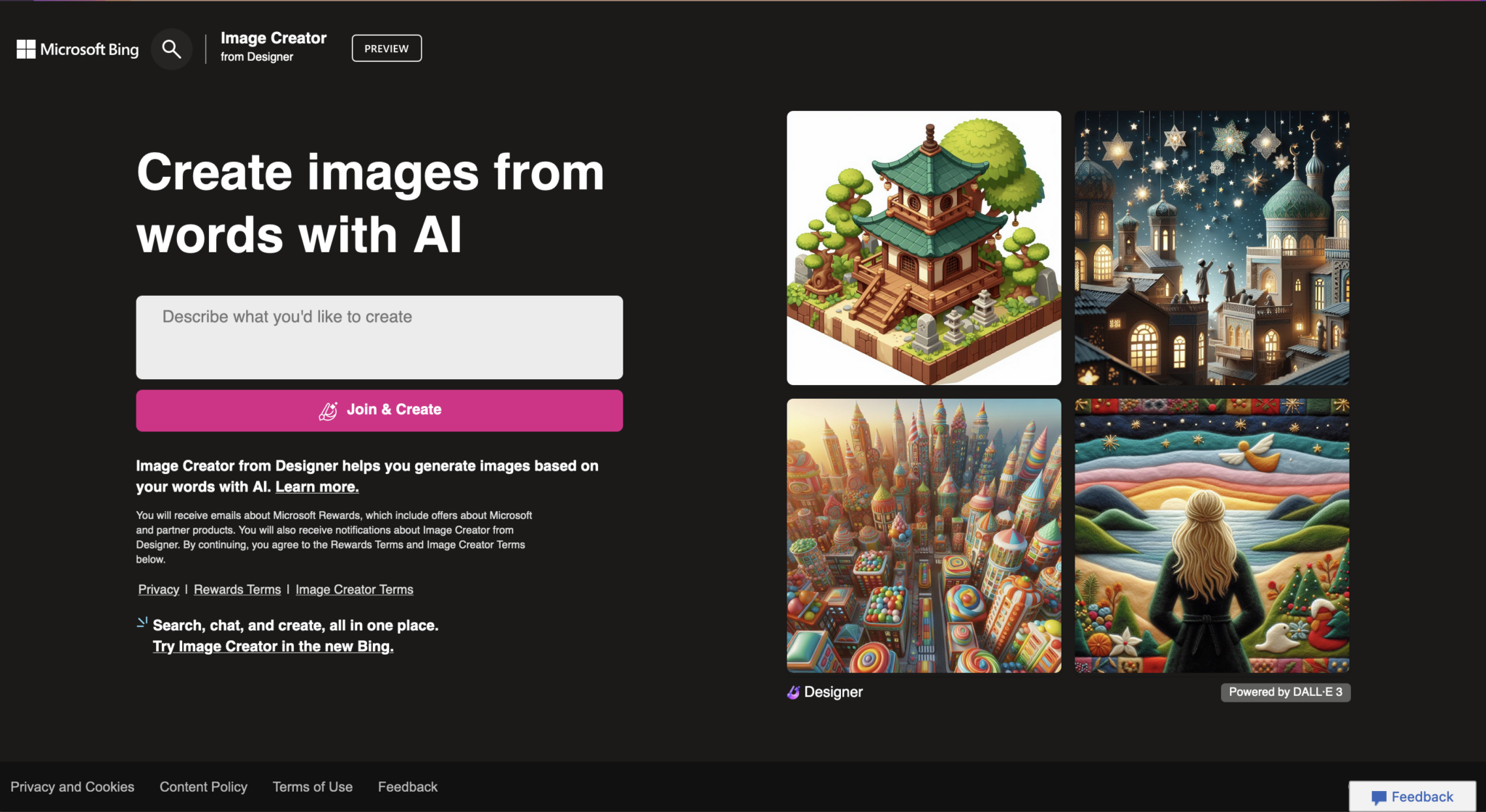 Landing page of Bing's DALL-E interface.